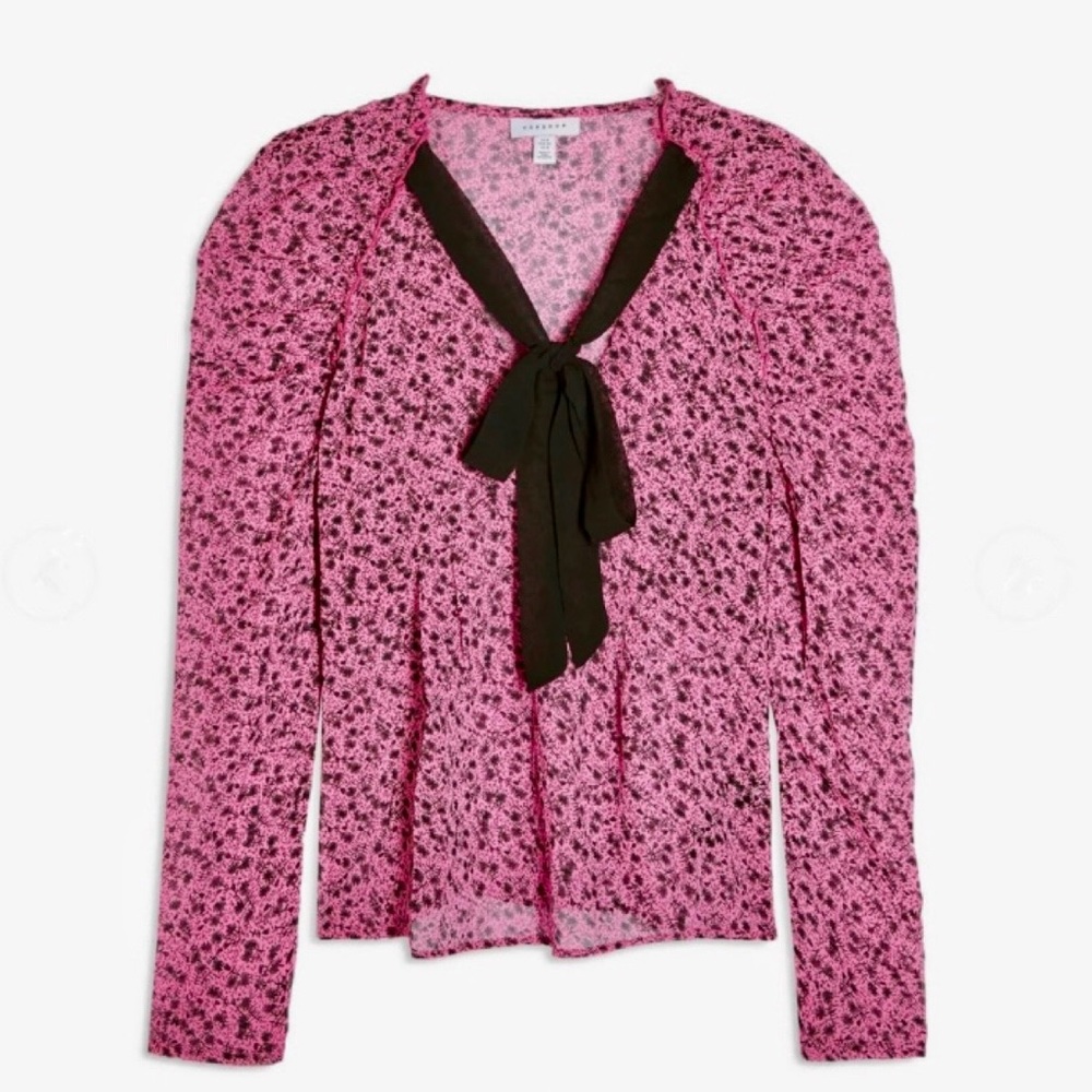 NWT Topshop Prairie PussyBow Blouse Black & Pink Sz 6